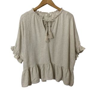 Umgee Linen Blend Beige Ruffle Sleeve Tunic Top Size L Tassel Boho Cottagecore